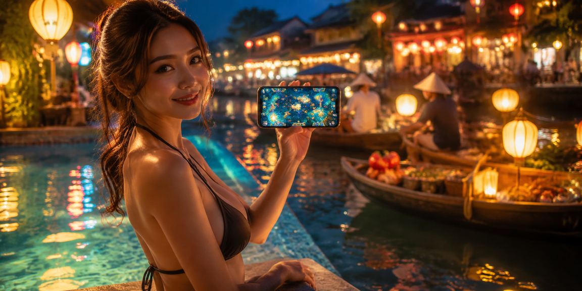 Không gian đêm Hà Nội với người dùng đang chơi bắn cá trên điện thoại dưới ánh đèn lồng