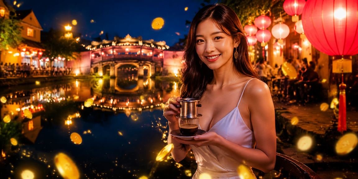 Người dùng ngồi tại quán cà phê Hội An, sử dụng điện thoại để tham gia cá cược High Roller