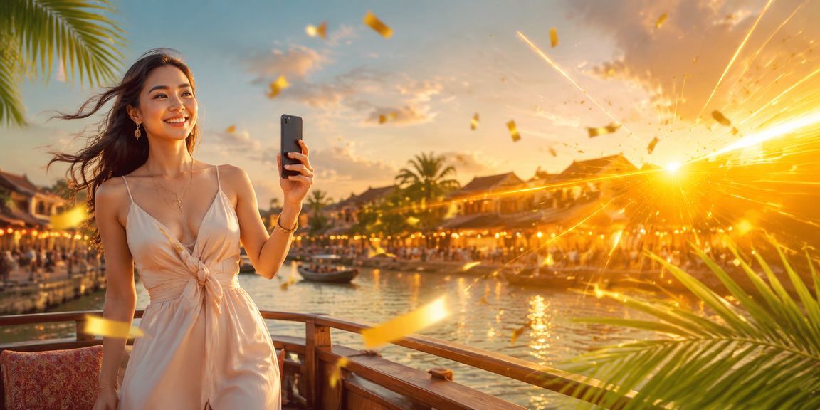 Người dùng tại Hội An truy cập ứng dụng di động 8040 bên ly cà phê buổi sáng